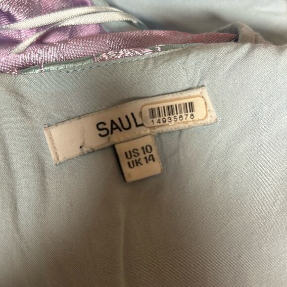 RTR Satin sz 14 xl blue silk Sau lee dress purple flowers long sleeve mini silky - Picture 5 of 7